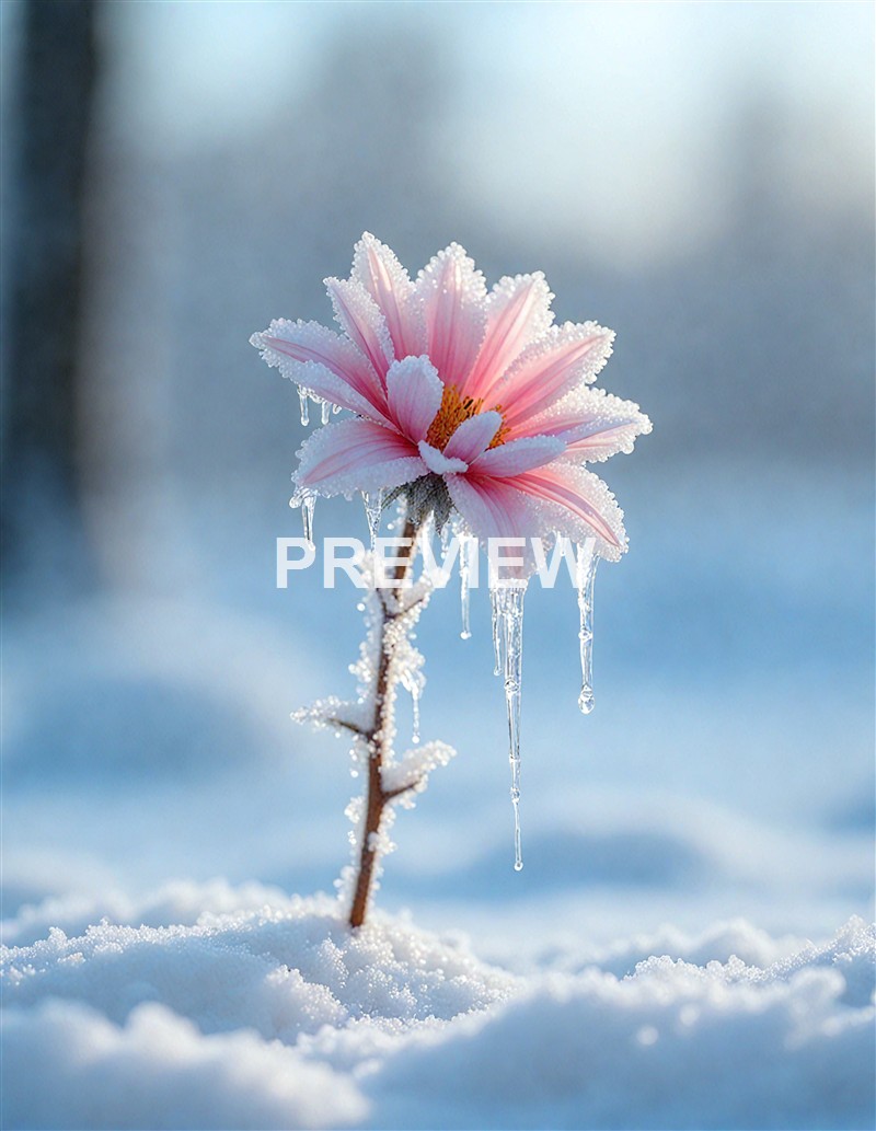 A pink flower covered with ice and snow, with icicles hanging from its petals and stem, set against a frosty background.